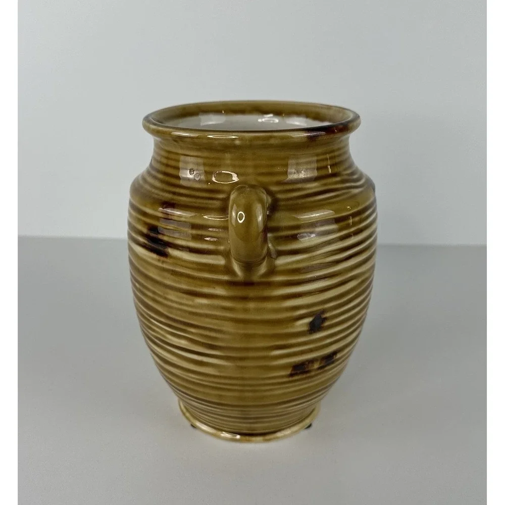 Vintage Clay Pottery Ribbed Jar Handles Utensil Crock 7x5 Gold Yellow Primitive